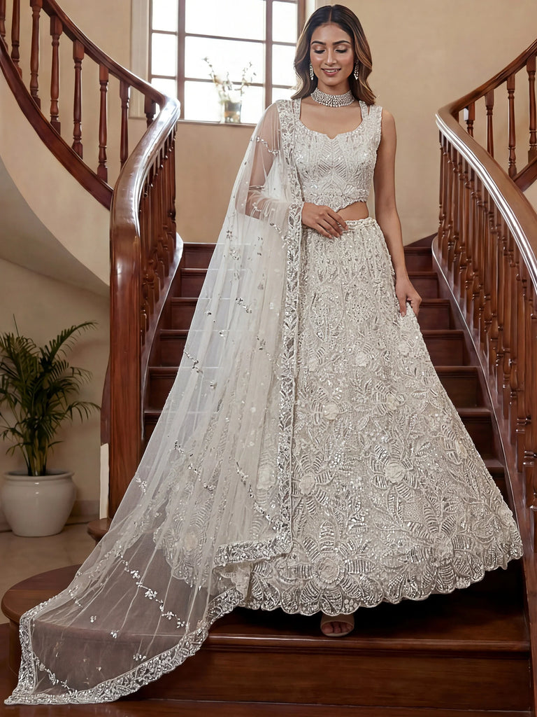 Captivating White Beads Work Net Reception Wear Lehenga Choli