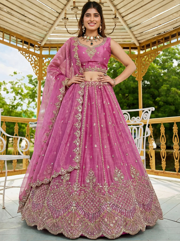 Awesome Pink Dori Work Satin Engagement Wear Lehenga Choli