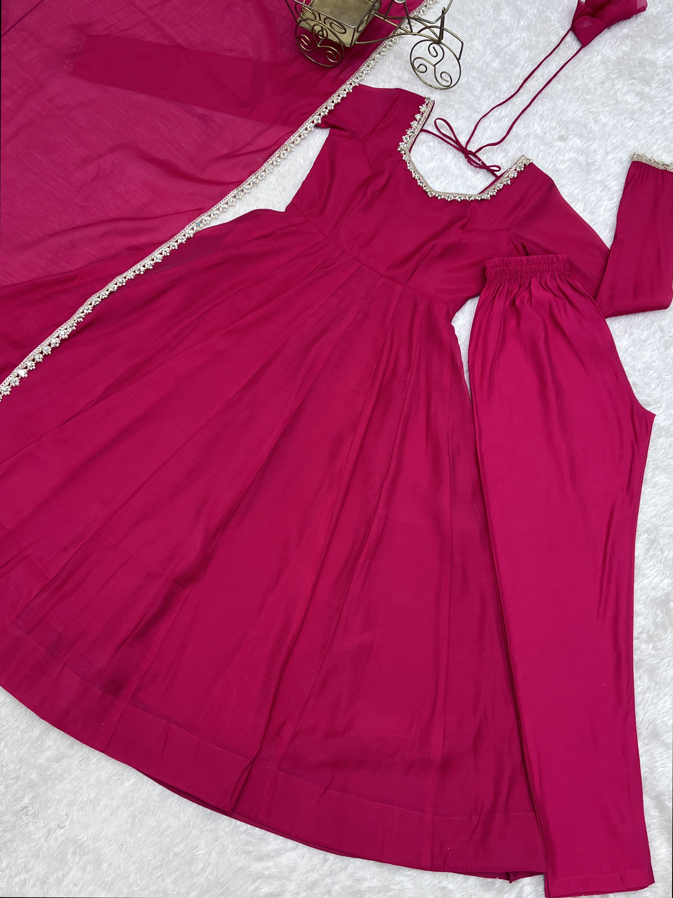 Gorgeous Rani Pink Mirror Laced Chanderi Festive Wear Anarkali Suit