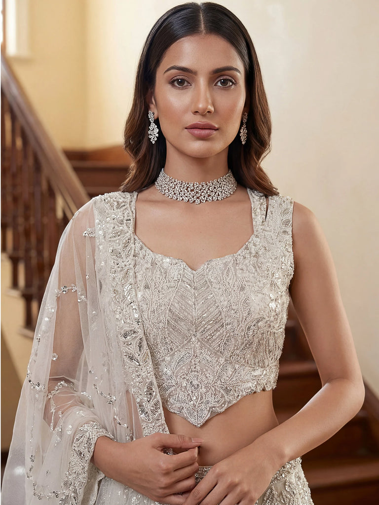 Captivating White Beads Work Net Reception Wear Lehenga Choli