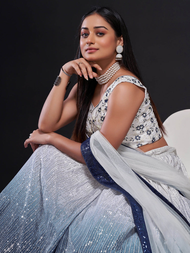 Dazzle Navy-Blue & White Sequins Work Georgette Reception Lehenga Choli