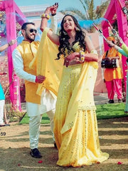 Beautiful Yellow Paper Mirror Work Crop Top Sharara With Dupatta