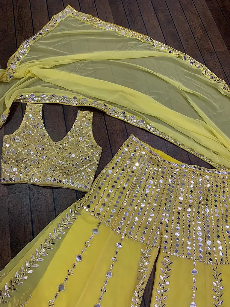 Beautiful Yellow Paper Mirror Work Crop Top Sharara With Dupatta