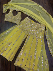 Beautiful Yellow Paper Mirror Work Crop Top Sharara With Dupatta