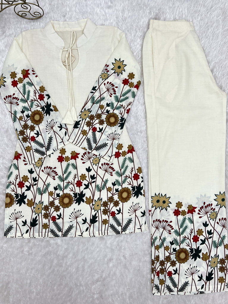 Precious Cream Floral Printed Cotton Festive Wear Pant Suit