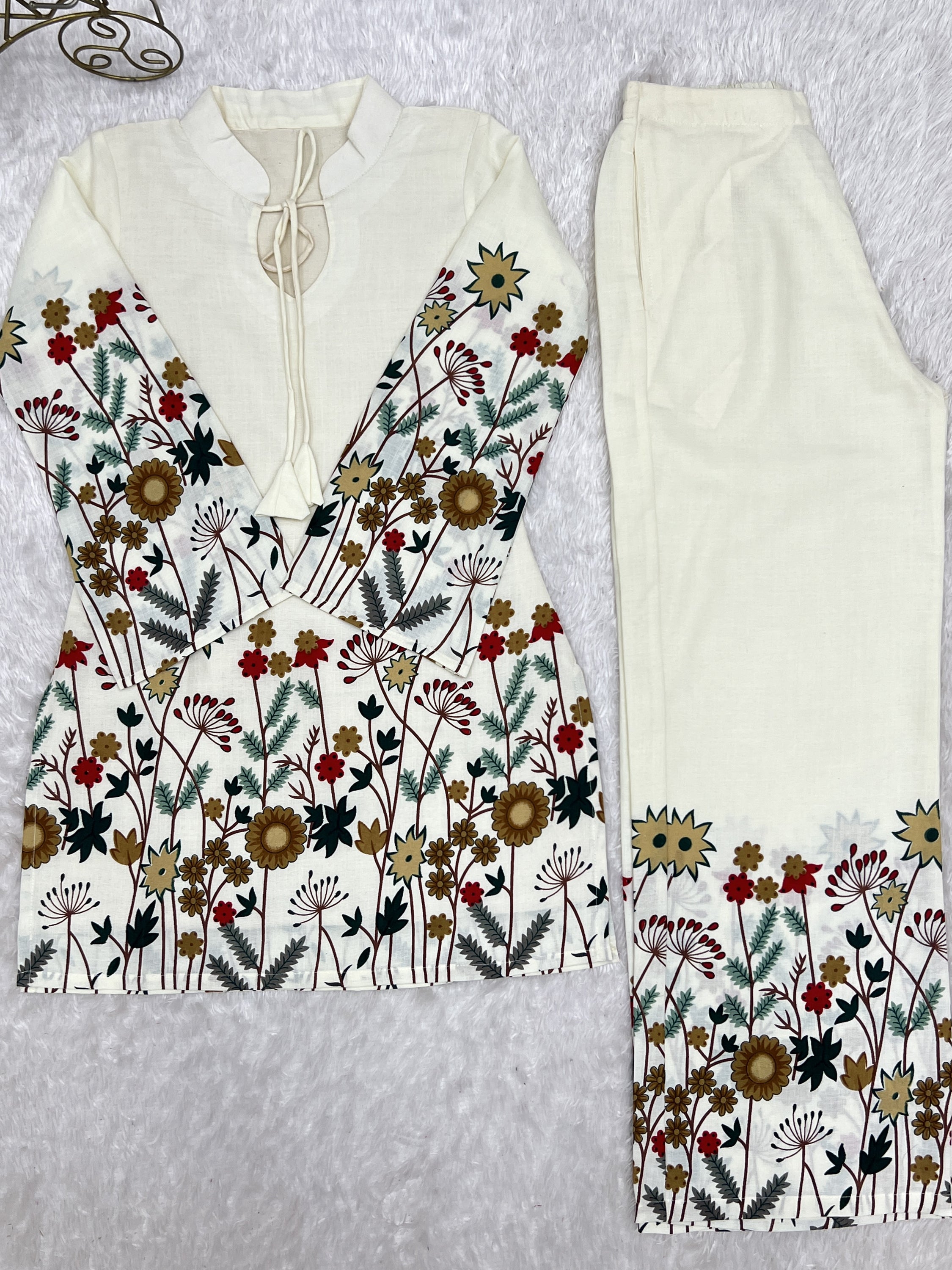 Precious Cream Floral Printed Cotton Festive Wear Pant Suit