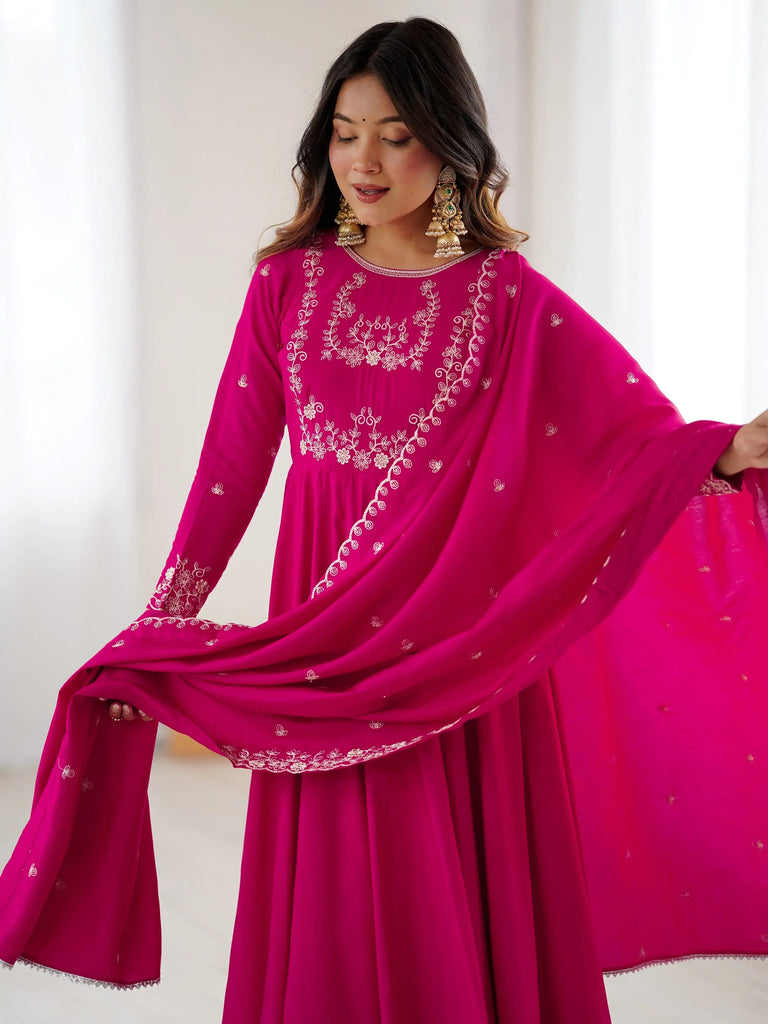Glowing Pink Beads Work Chanderi Silk Festival Wear Anarkali Suit