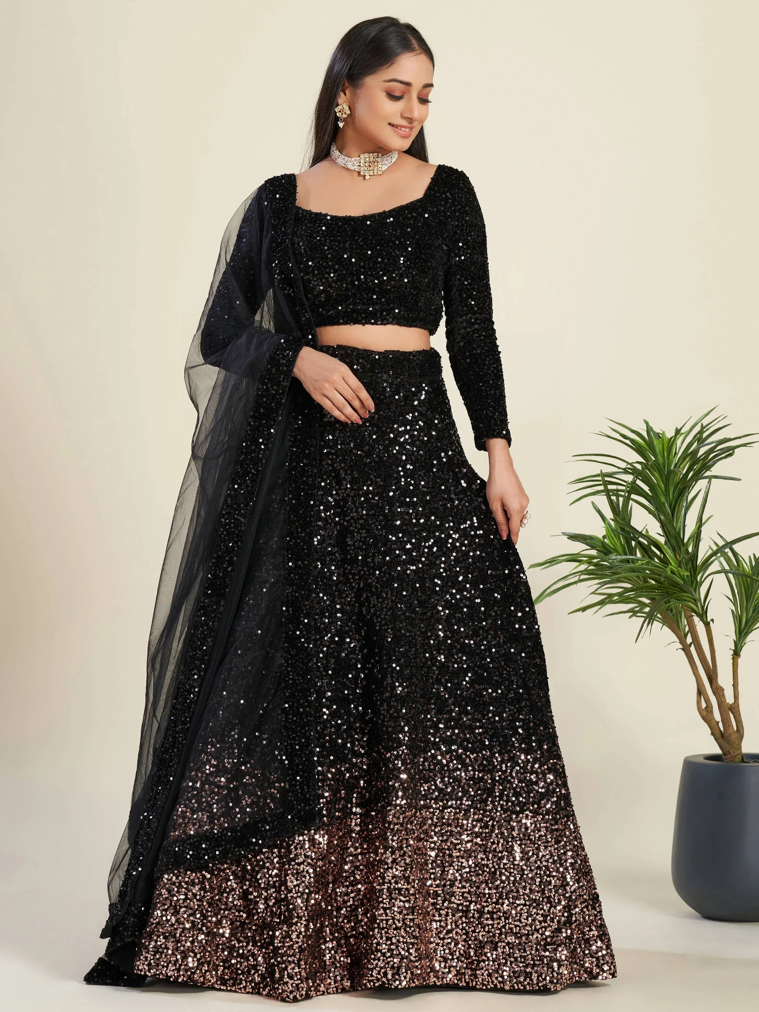 Glamorous Black Sequin Work Velvet Wedding Lehenga Choli