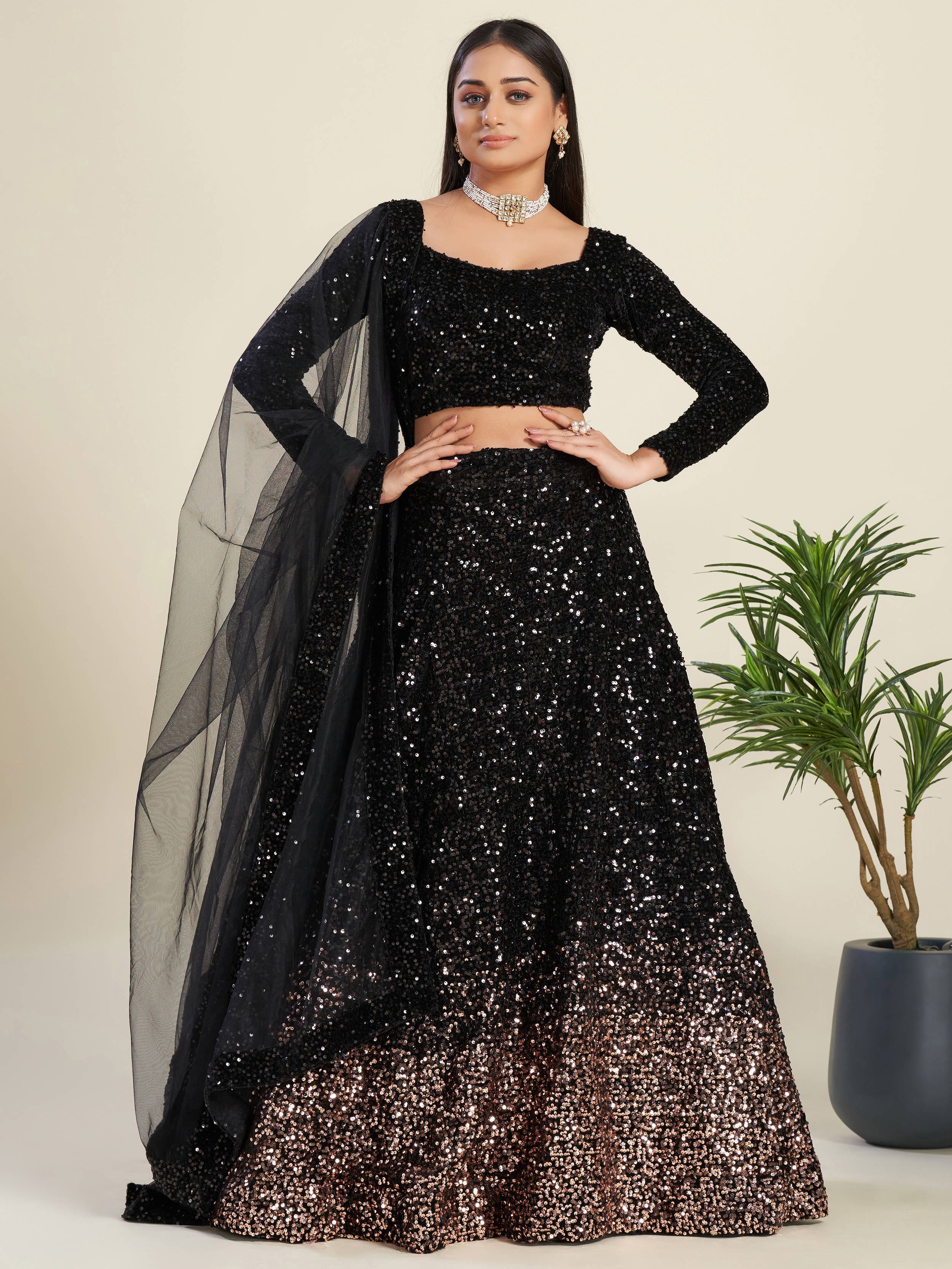 Glamorous Black Sequin Work Velvet Wedding Lehenga Choli