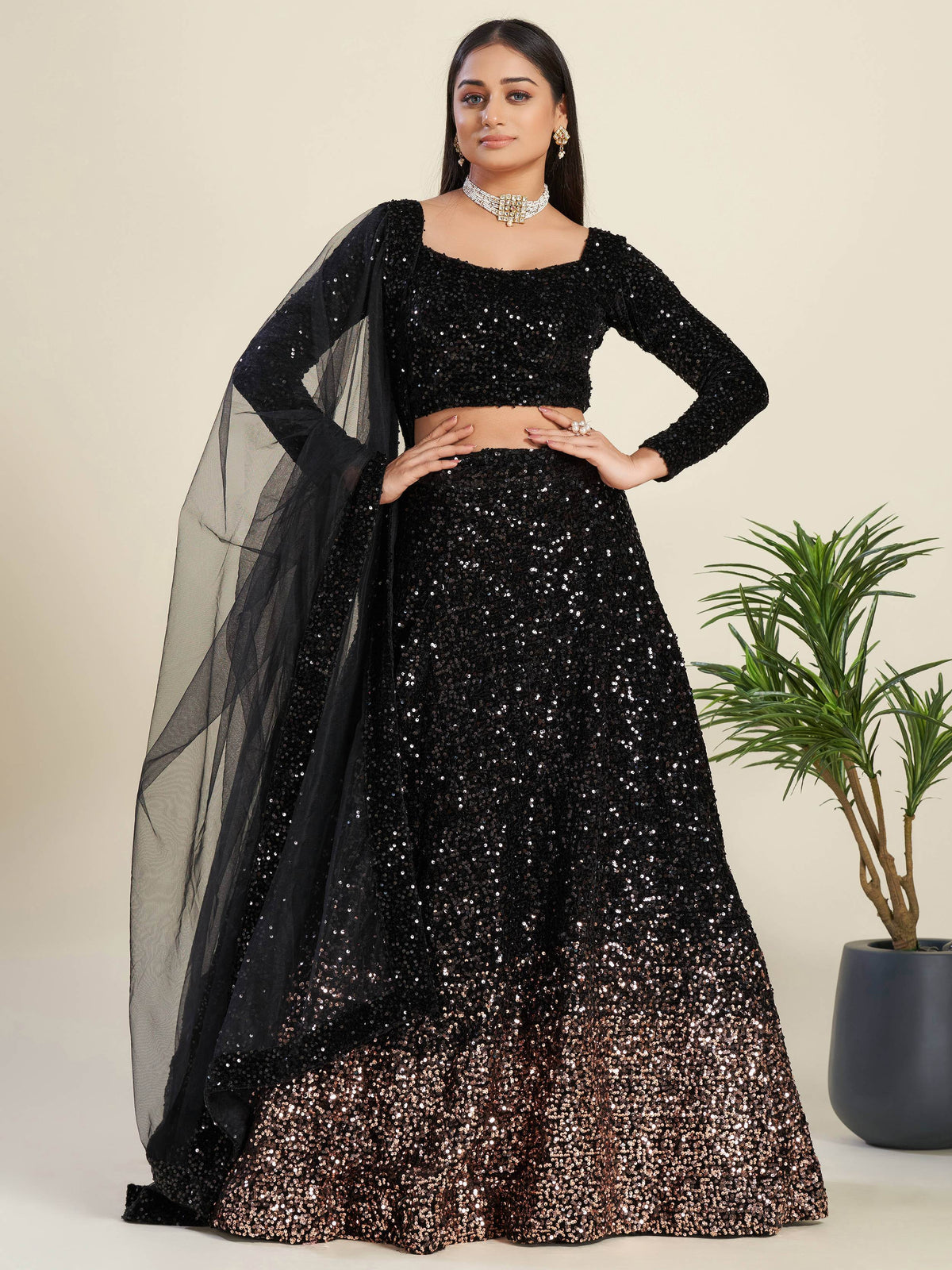 Glamorous Black Sequin Work Velvet Wedding Lehenga Choli