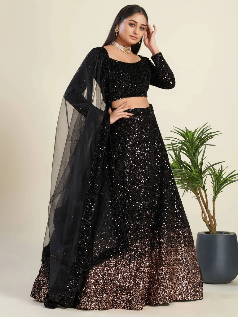 Glamorous Black Sequin Work Velvet Wedding Lehenga Choli