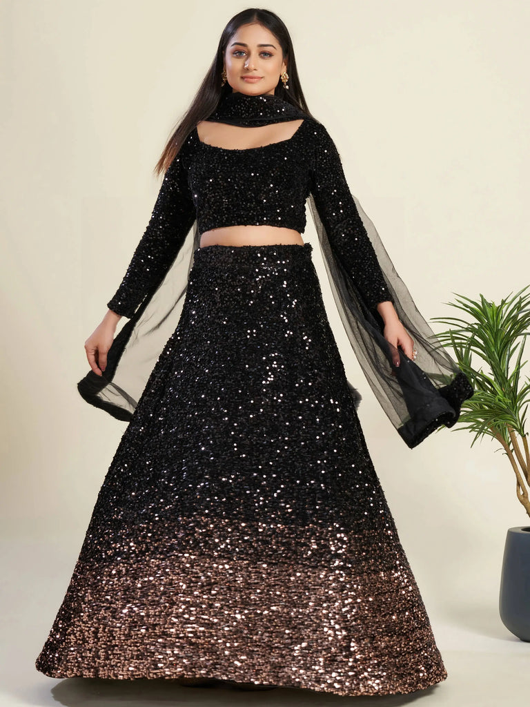 Glamorous Black Sequin Work Velvet Wedding Lehenga Choli