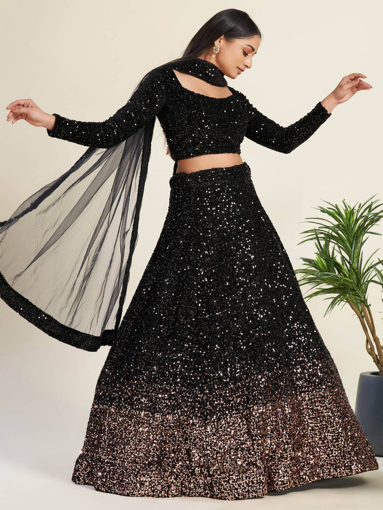 Glamorous Black Sequin Work Velvet Wedding Lehenga Choli