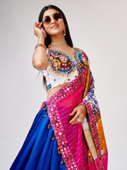 Awesome Blue Mirror Work Silk Navratri Wear Lehenga Choli With Dupatta