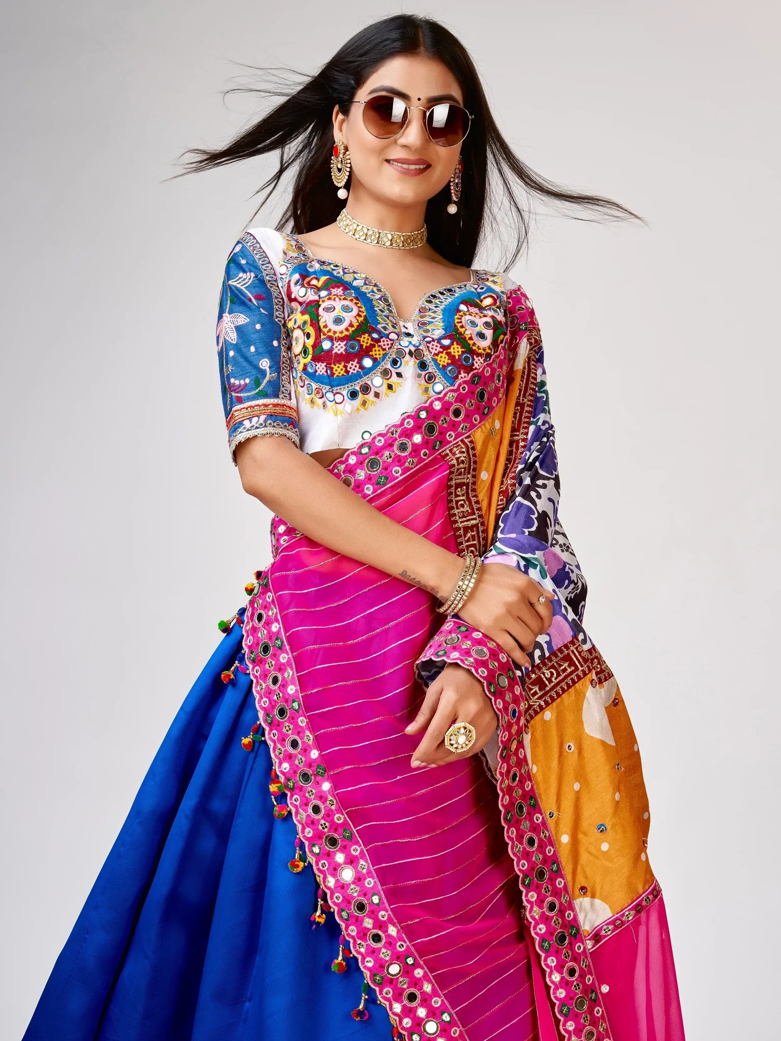Awesome Blue Mirror Work Silk Navratri Wear Lehenga Choli With Dupatta