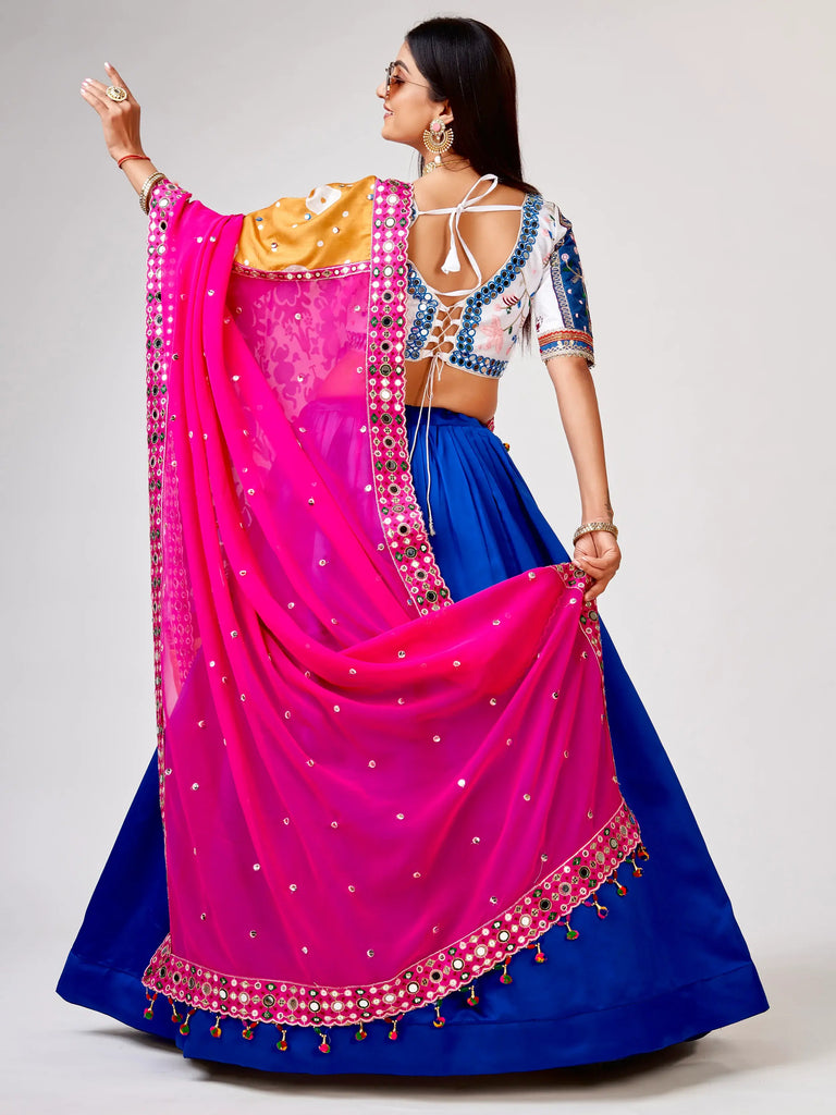Awesome Blue Mirror Work Silk Navratri Wear Lehenga Choli With Dupatta