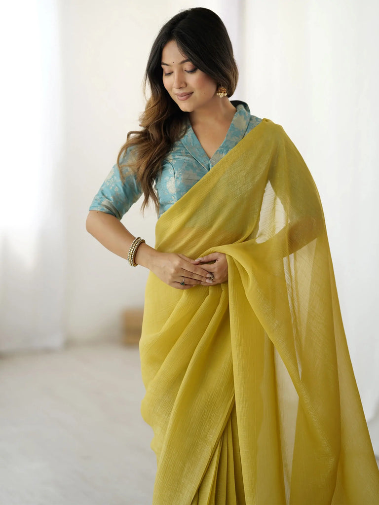 Stunning Yellow Silk Ready To Wear Party Wear Saree With Blouse