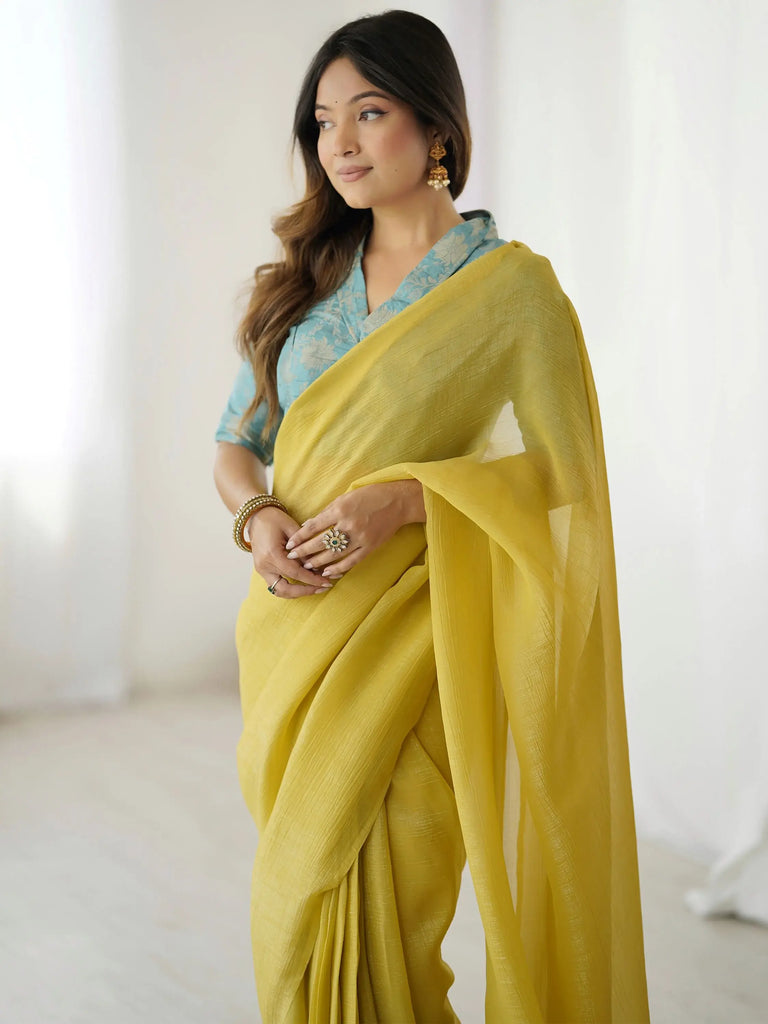 Stunning Yellow Silk Ready To Wear Party Wear Saree With Blouse