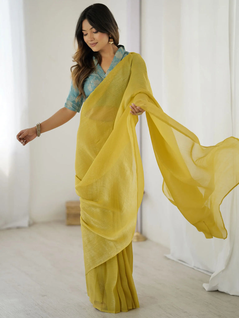Stunning Yellow Silk Ready To Wear Party Wear Saree With Blouse