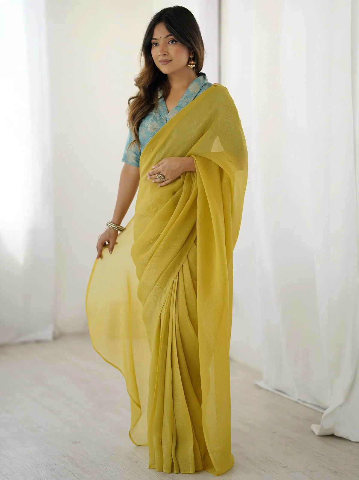 Stunning Yellow Silk Ready To Wear Party Wear Saree With Blouse