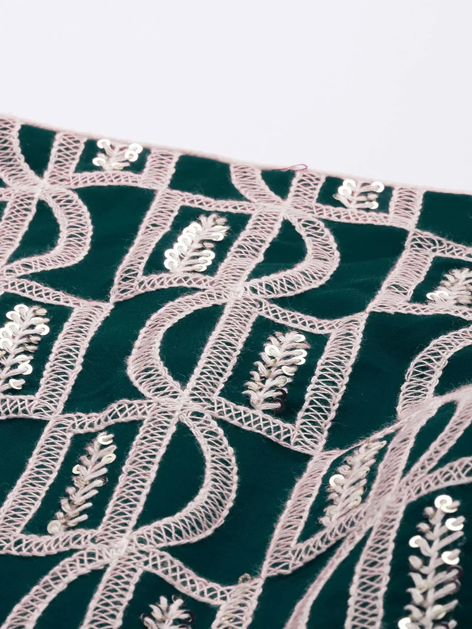 Emerald green velvet with pink thread embroidery and silver sequins for ethnic wear