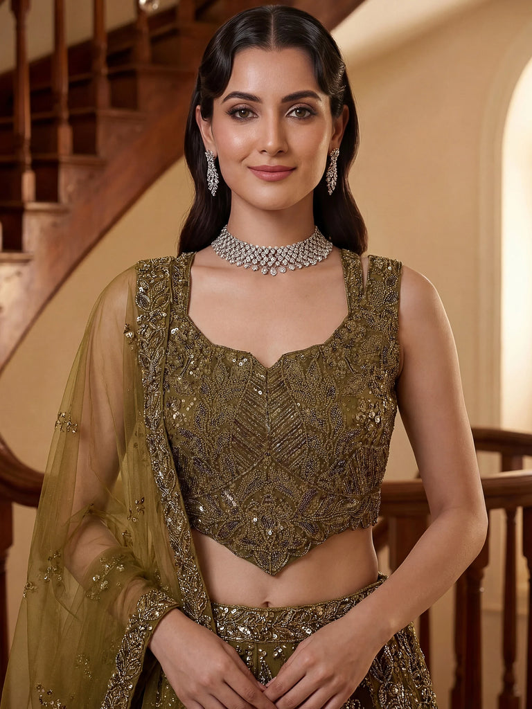 Glowing Olive Green Beads Work Net Wedding Wear Lehenga Choli