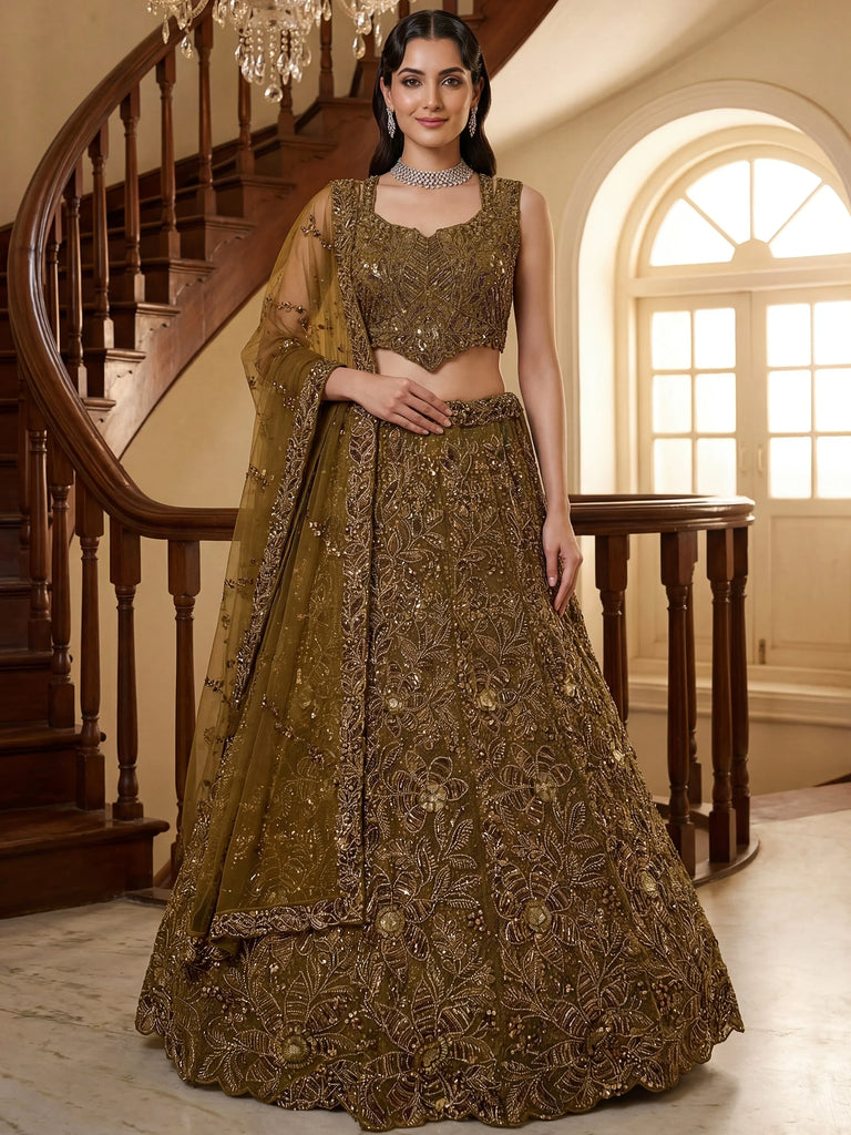 Glowing Olive Green Beads Work Net Wedding Wear Lehenga Choli