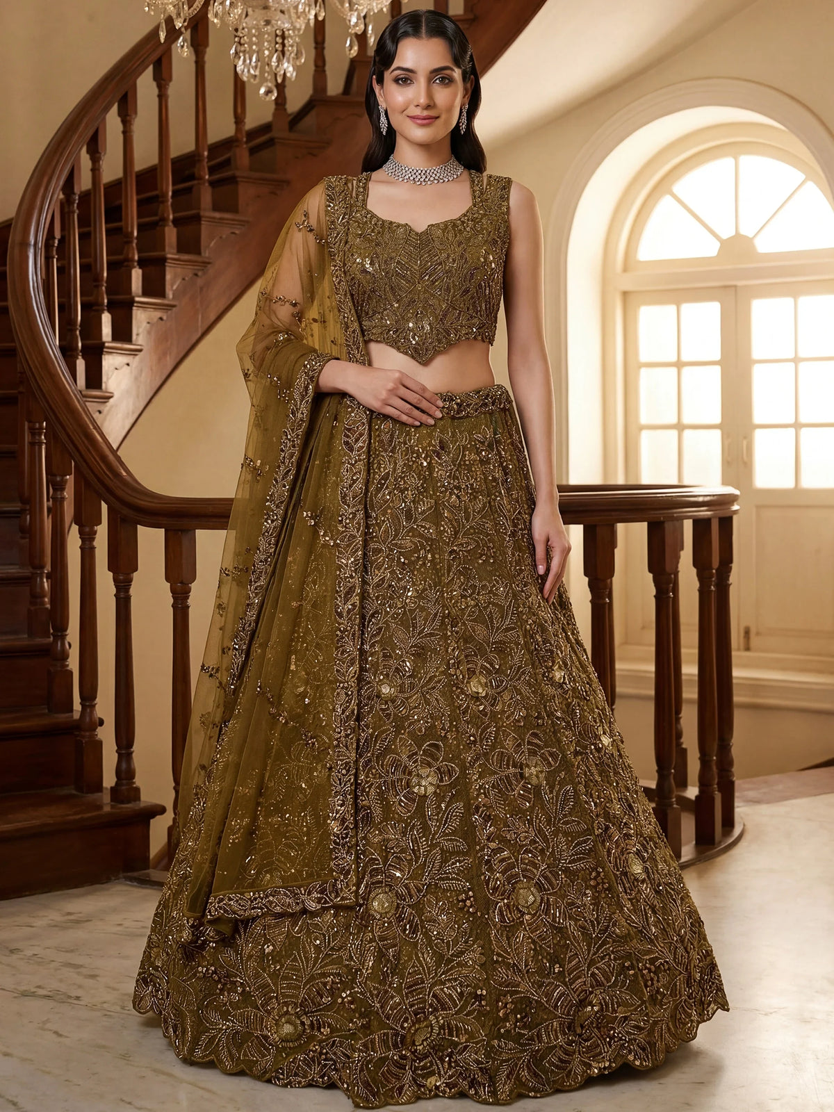 Glowing Olive Green Beads Work Net Wedding Wear Lehenga Choli