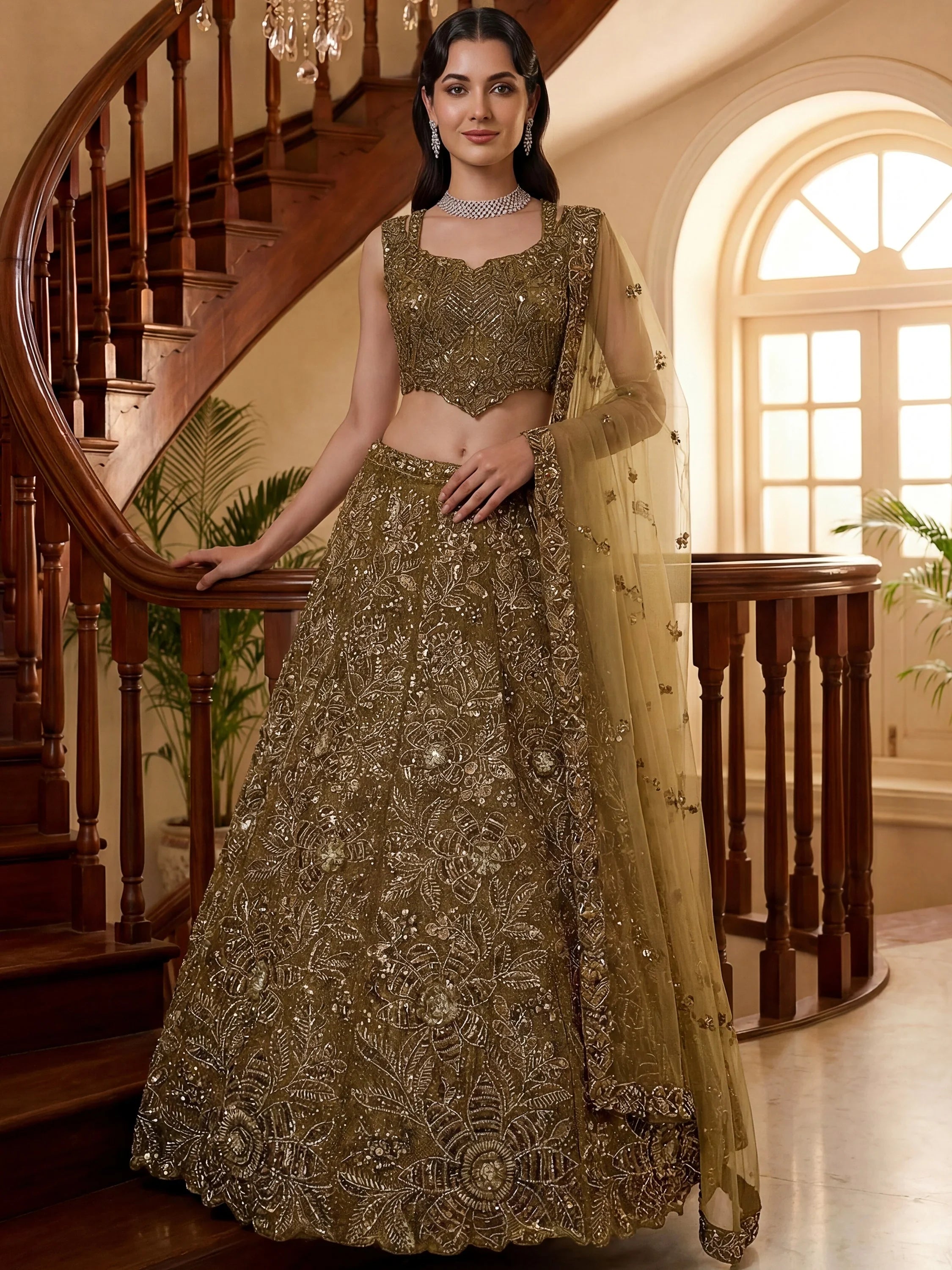 Glowing Olive Green Beads Work Net Wedding Wear Lehenga Choli