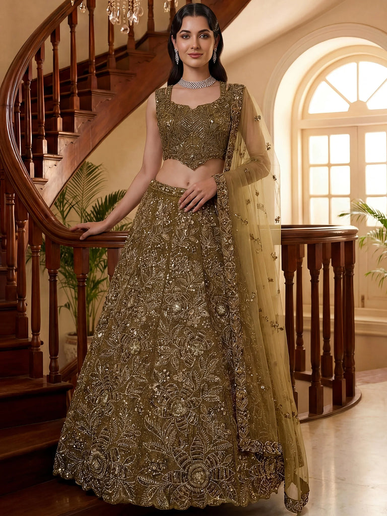 Glowing Olive Green Beads Work Net Wedding Wear Lehenga Choli