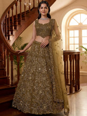 Glowing Olive Green Beads Work Net Wedding Wear Lehenga Choli