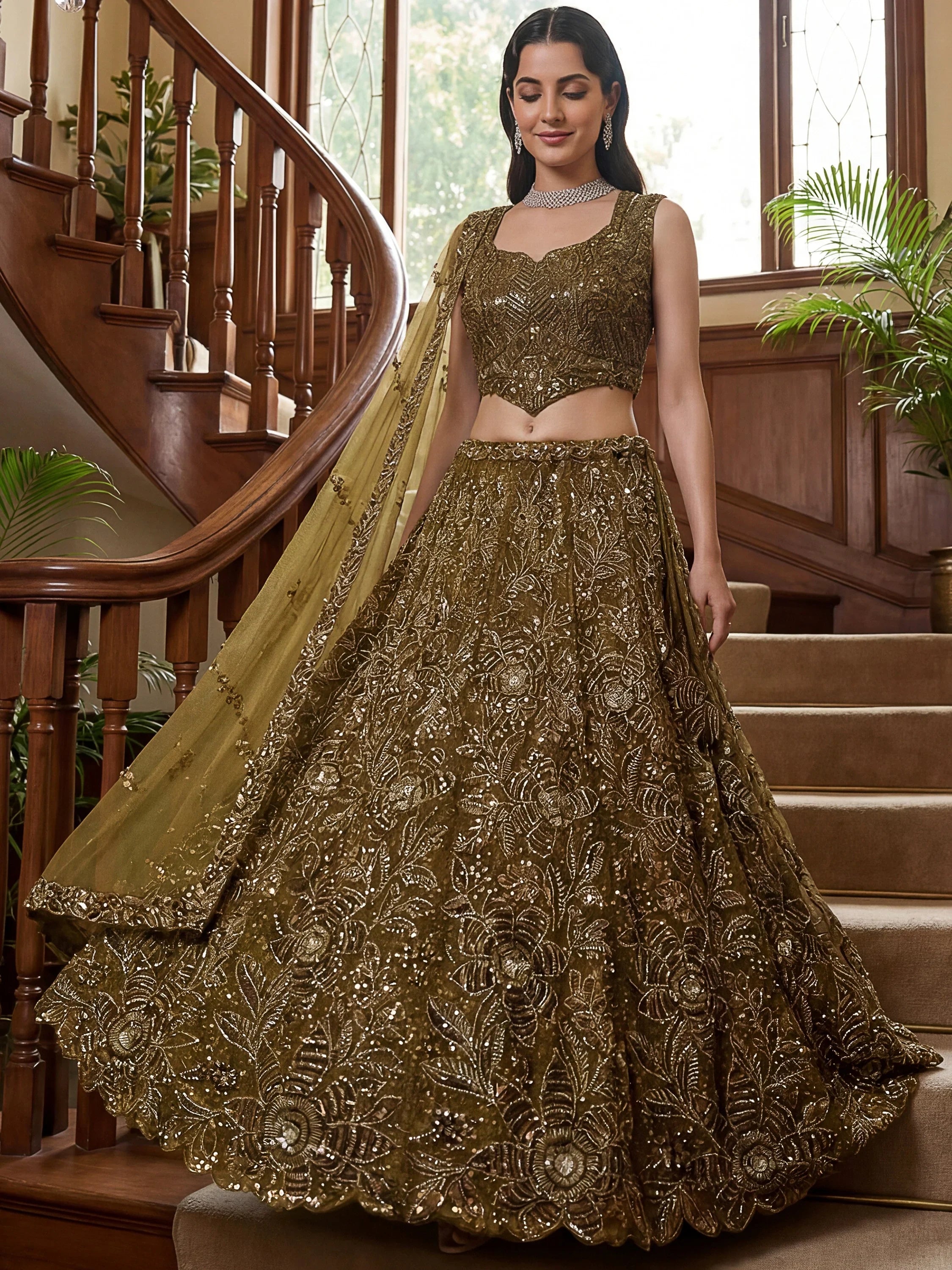 Glowing Olive Green Beads Work Net Wedding Wear Lehenga Choli