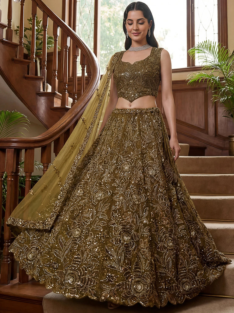 Glowing Olive Green Beads Work Net Wedding Wear Lehenga Choli