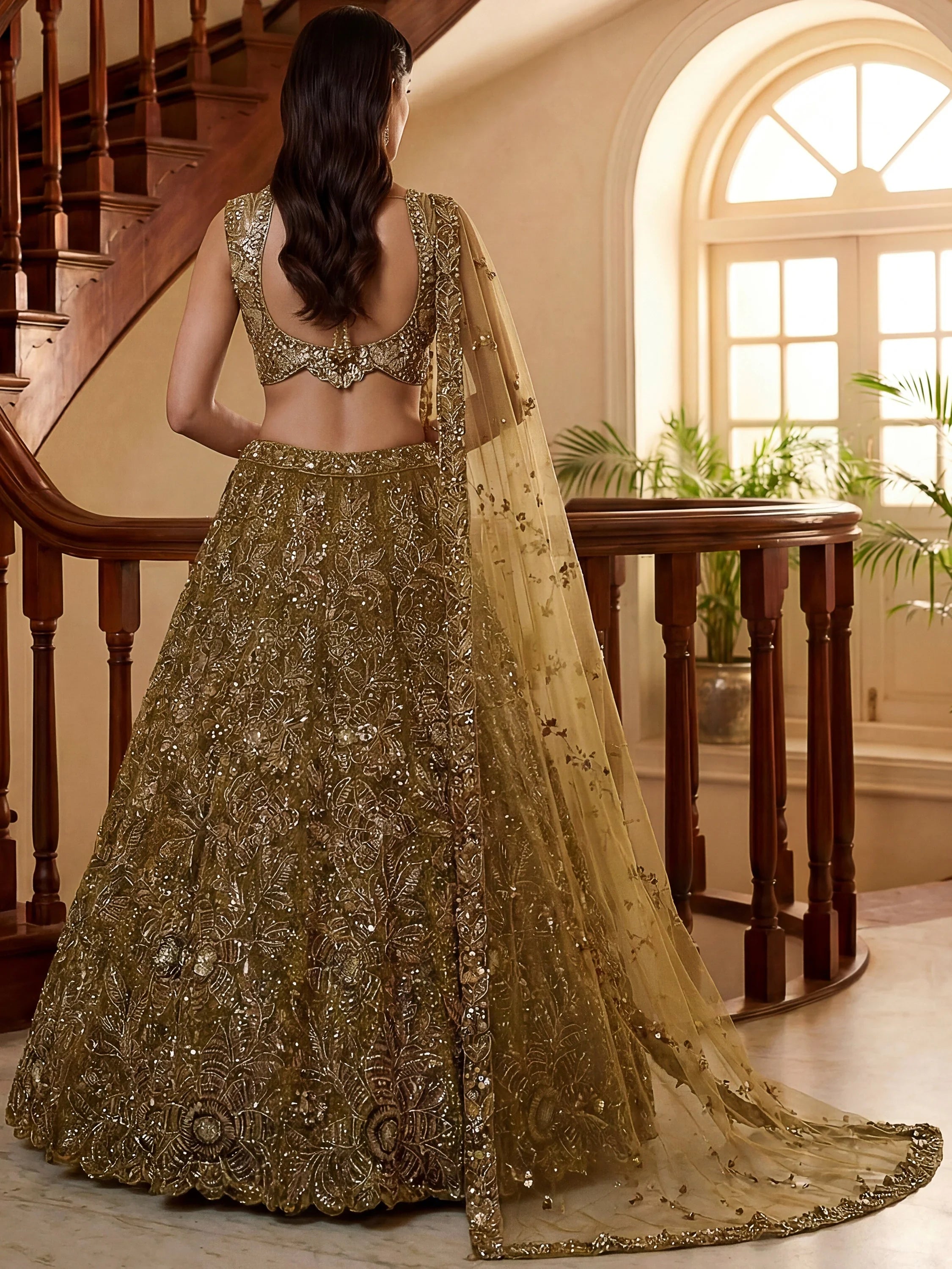 Glowing Olive Green Beads Work Net Wedding Wear Lehenga Choli