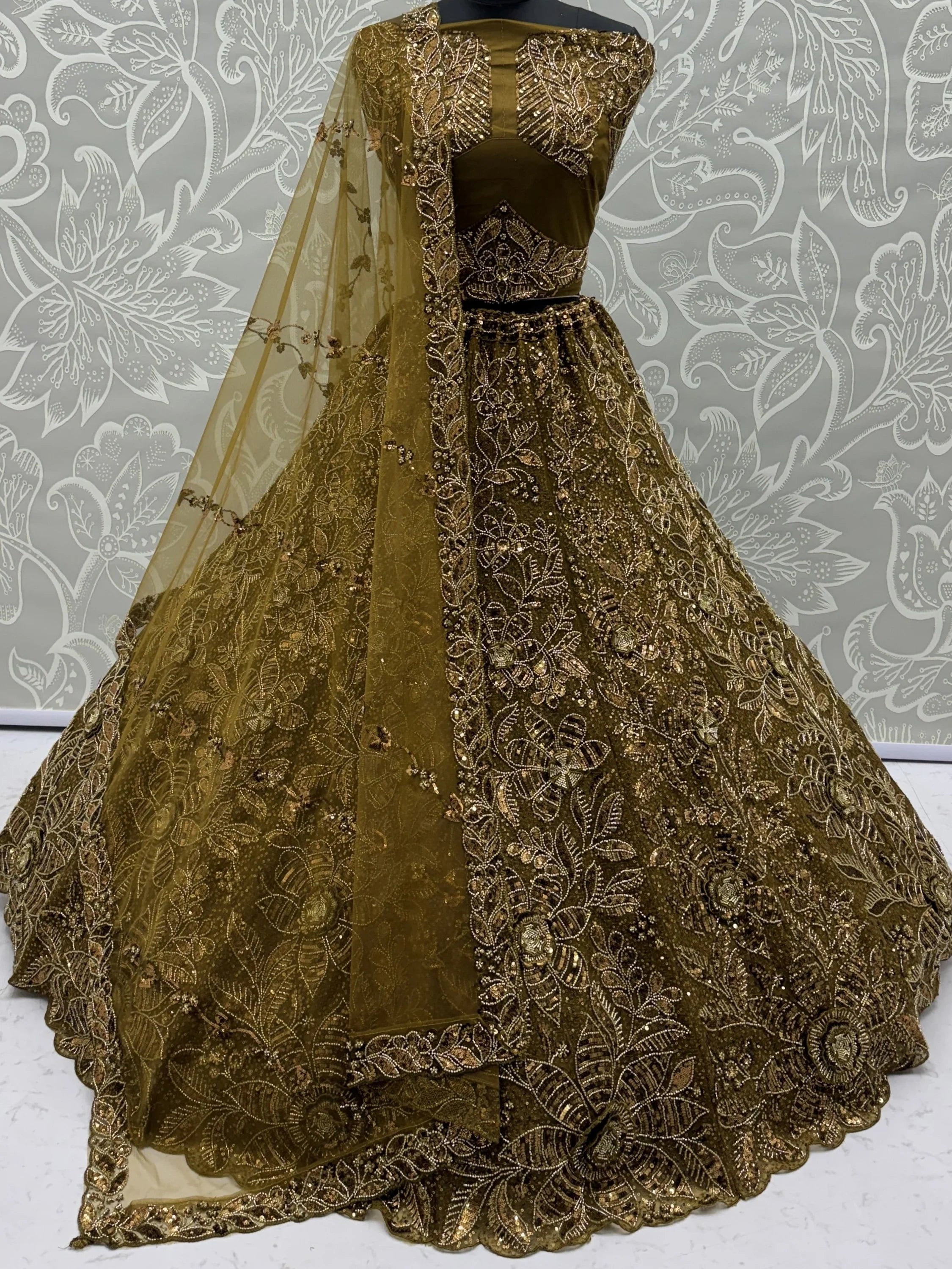 Glowing Olive Green Beads Work Net Wedding Wear Lehenga Choli