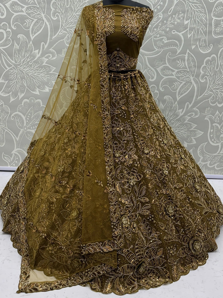 Glowing Olive Green Beads Work Net Wedding Wear Lehenga Choli