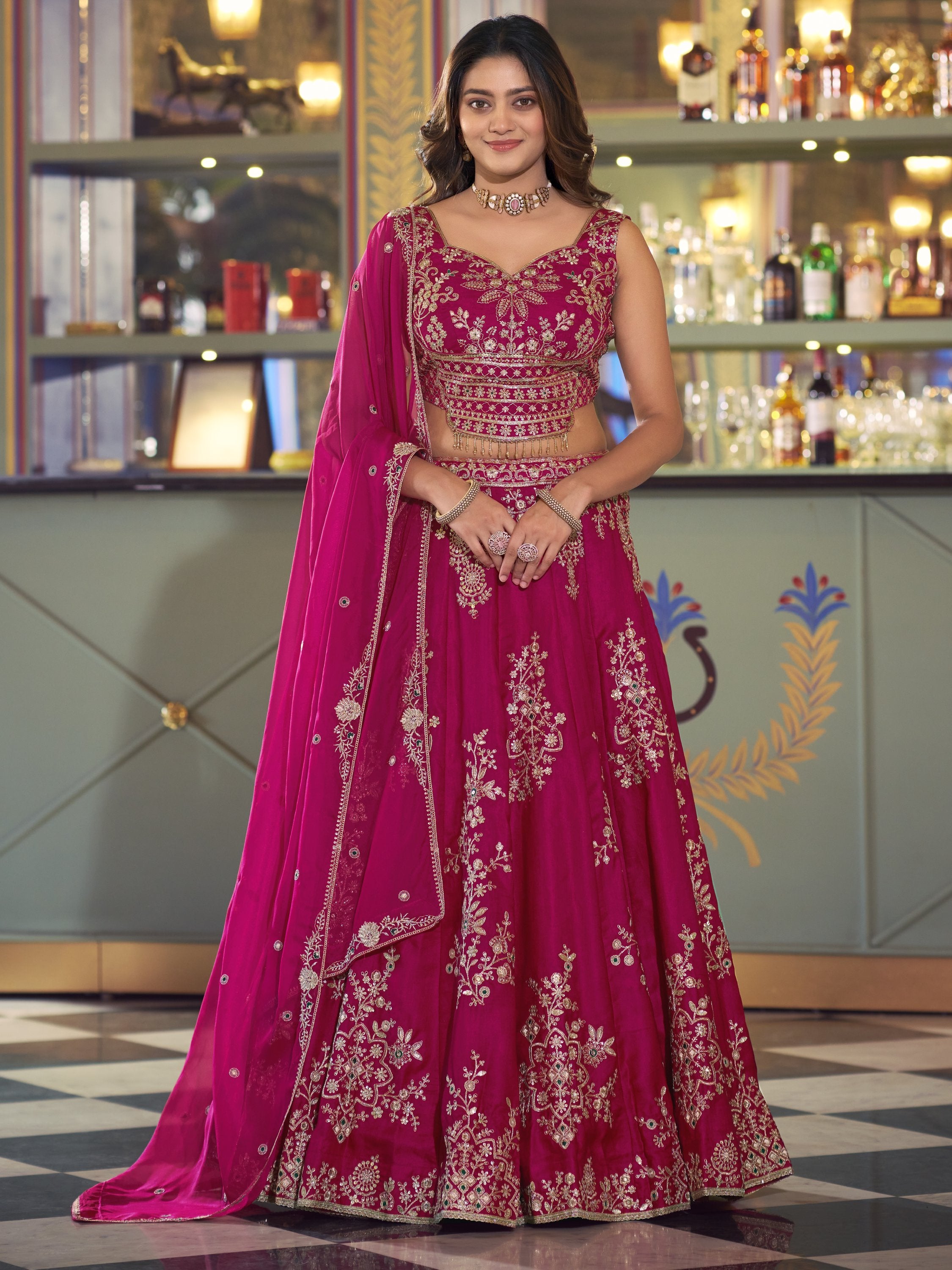 Stylish Hot Pink Thread Work Silk Engagement Wear Lehenga Choli