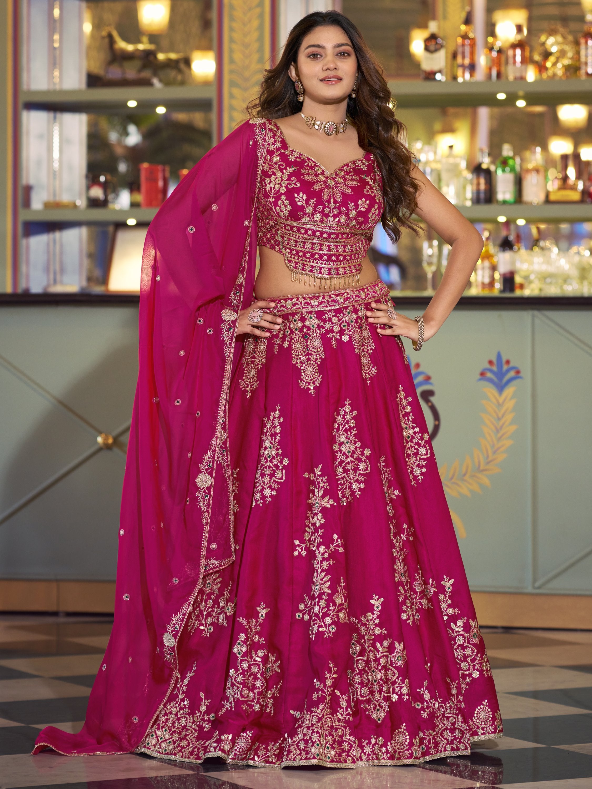 Stylish Hot Pink Thread Work Silk Engagement Wear Lehenga Choli