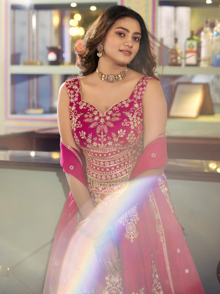 Stylish Hot Pink Thread Work Silk Engagement Wear Lehenga Choli