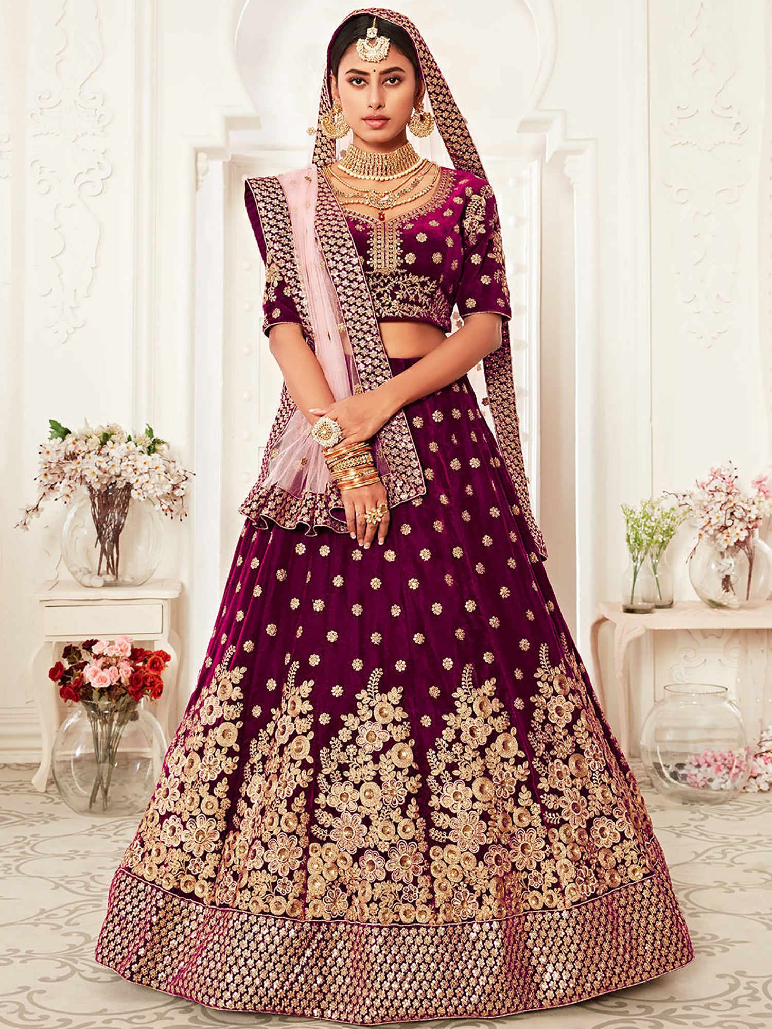 Stylish Purple Zari Embroidered Velvet Bridal Plus Size Lehenga Choli