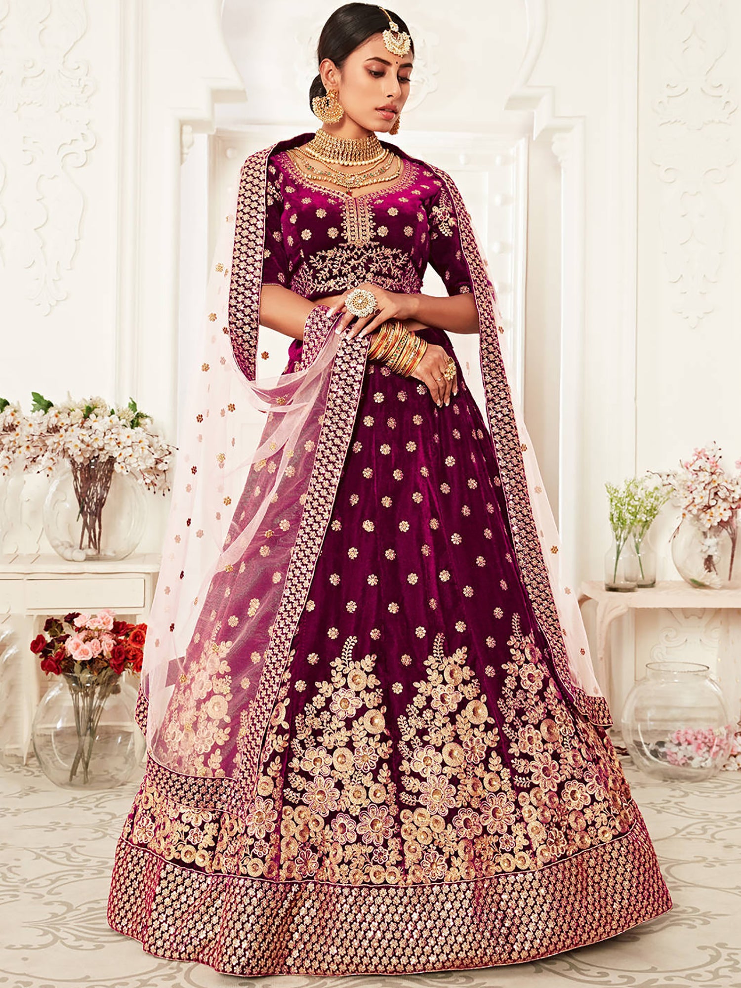 Stylish Purple Zari Embroidered Velvet Bridal Plus Size Lehenga Choli