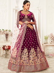 Stylish Purple Zari Embroidered Velvet Bridal Plus Size Lehenga Choli