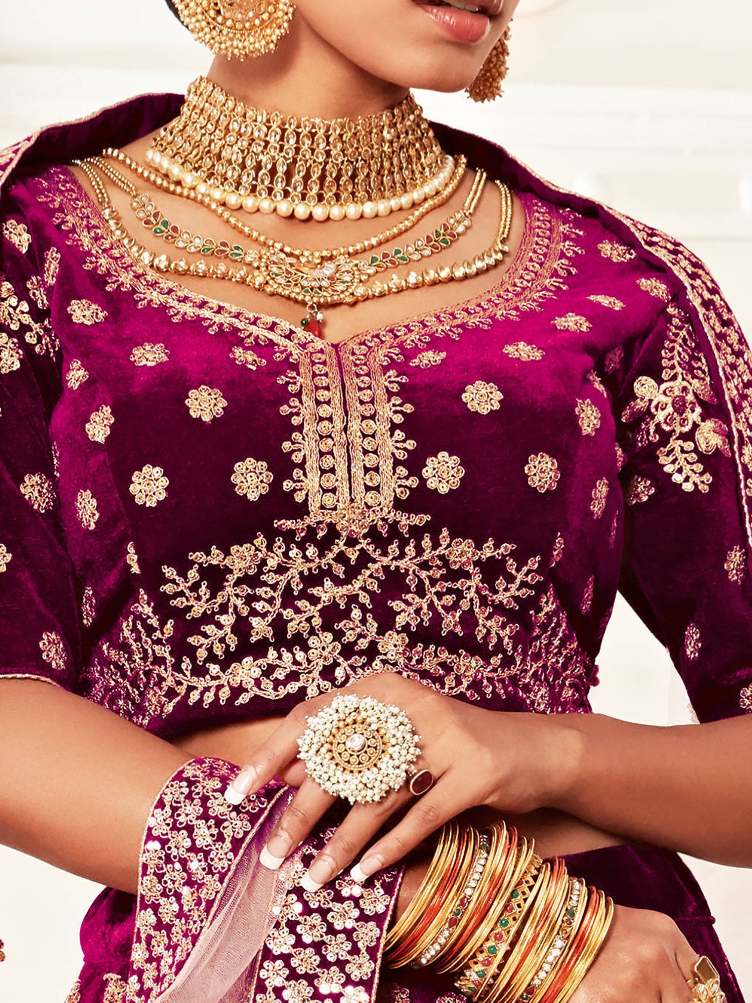 Stylish Purple Zari Embroidered Velvet Bridal Plus Size Lehenga Choli