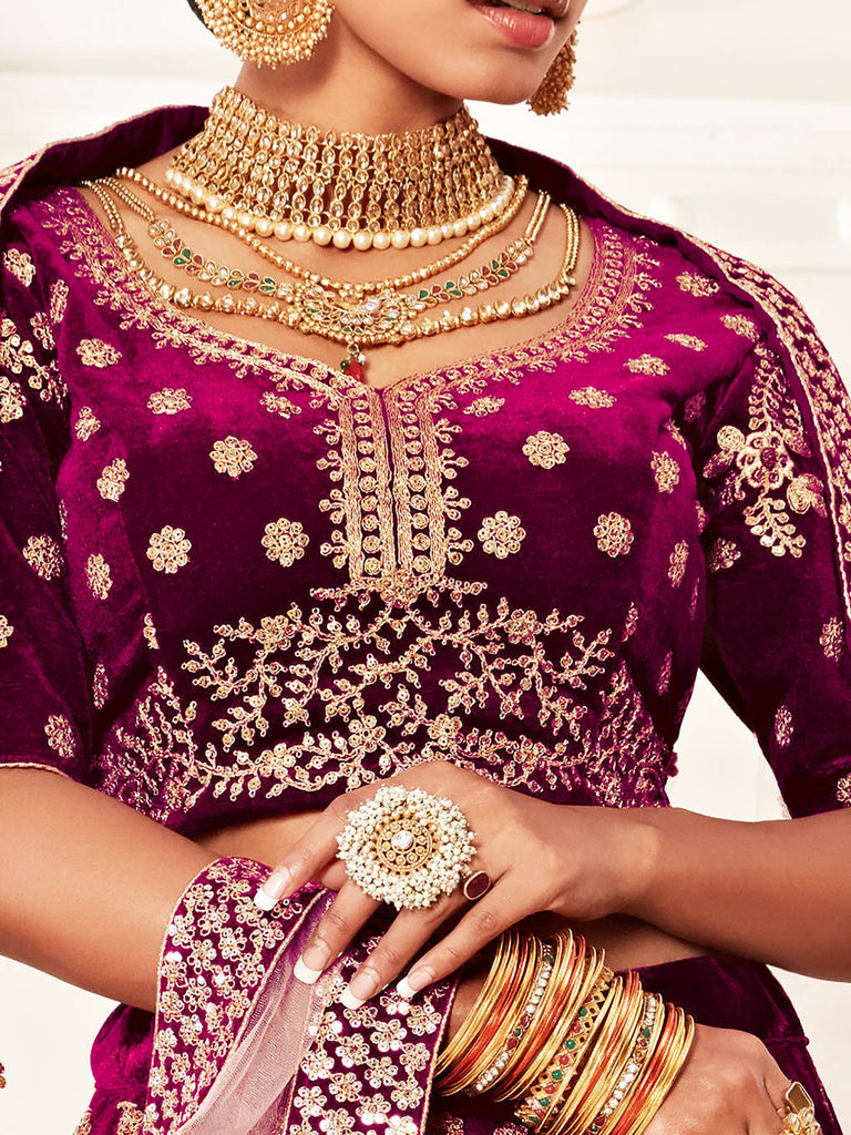 Stylish Purple Zari Embroidered Velvet Bridal Plus Size Lehenga Choli