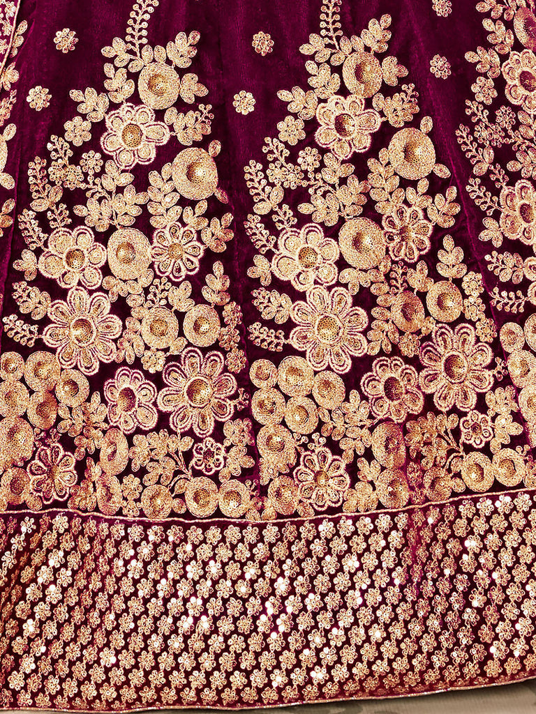 Stylish Purple Zari Embroidered Velvet Bridal Plus Size Lehenga Choli