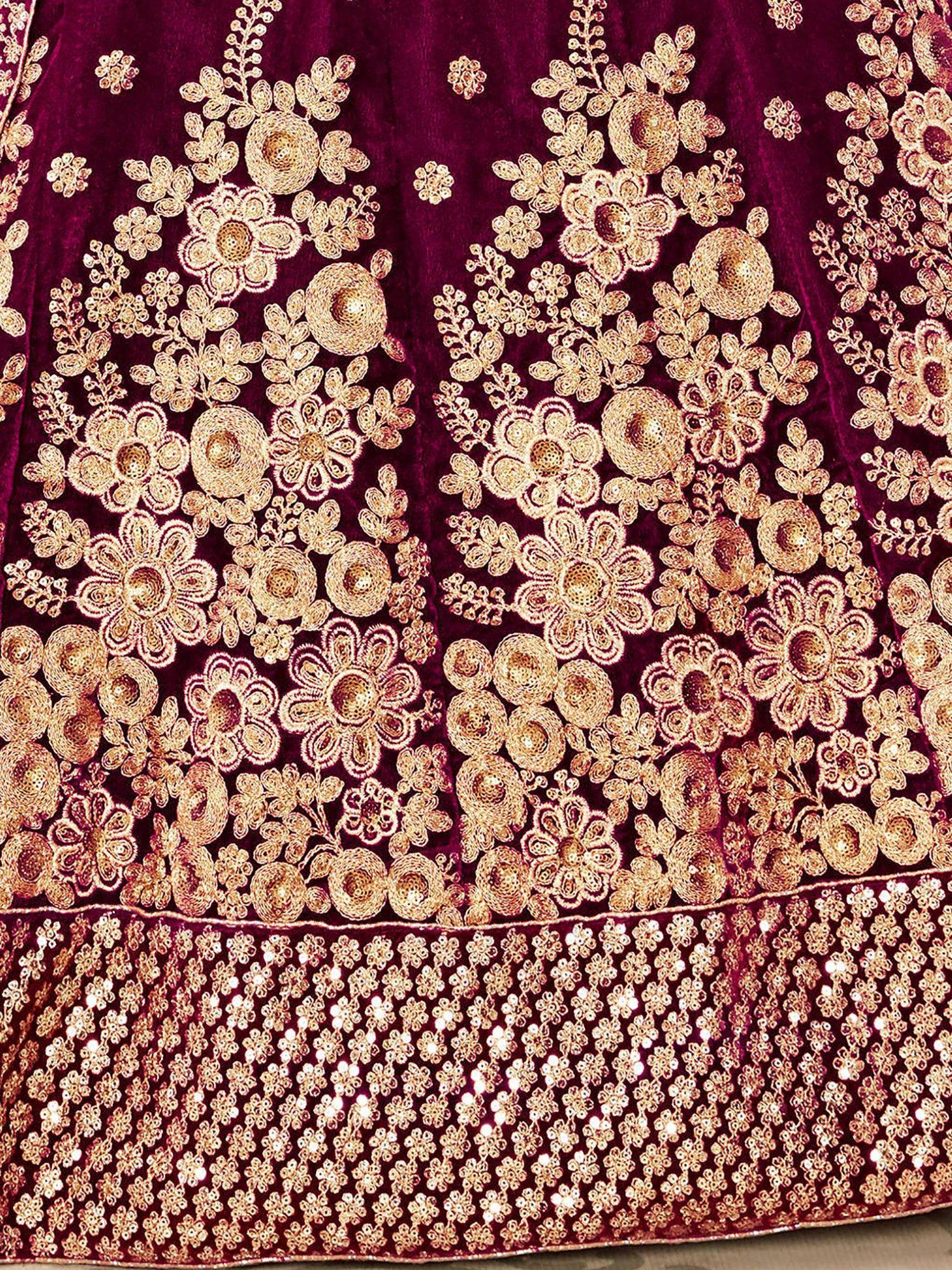 Stylish Purple Zari Embroidered Velvet Bridal Plus Size Lehenga Choli