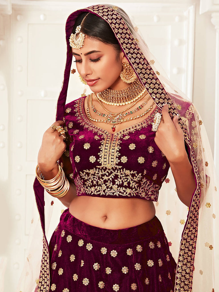 Stylish Purple Zari Embroidered Velvet Bridal Plus Size Lehenga Choli