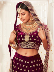Stylish Purple Zari Embroidered Velvet Bridal Plus Size Lehenga Choli