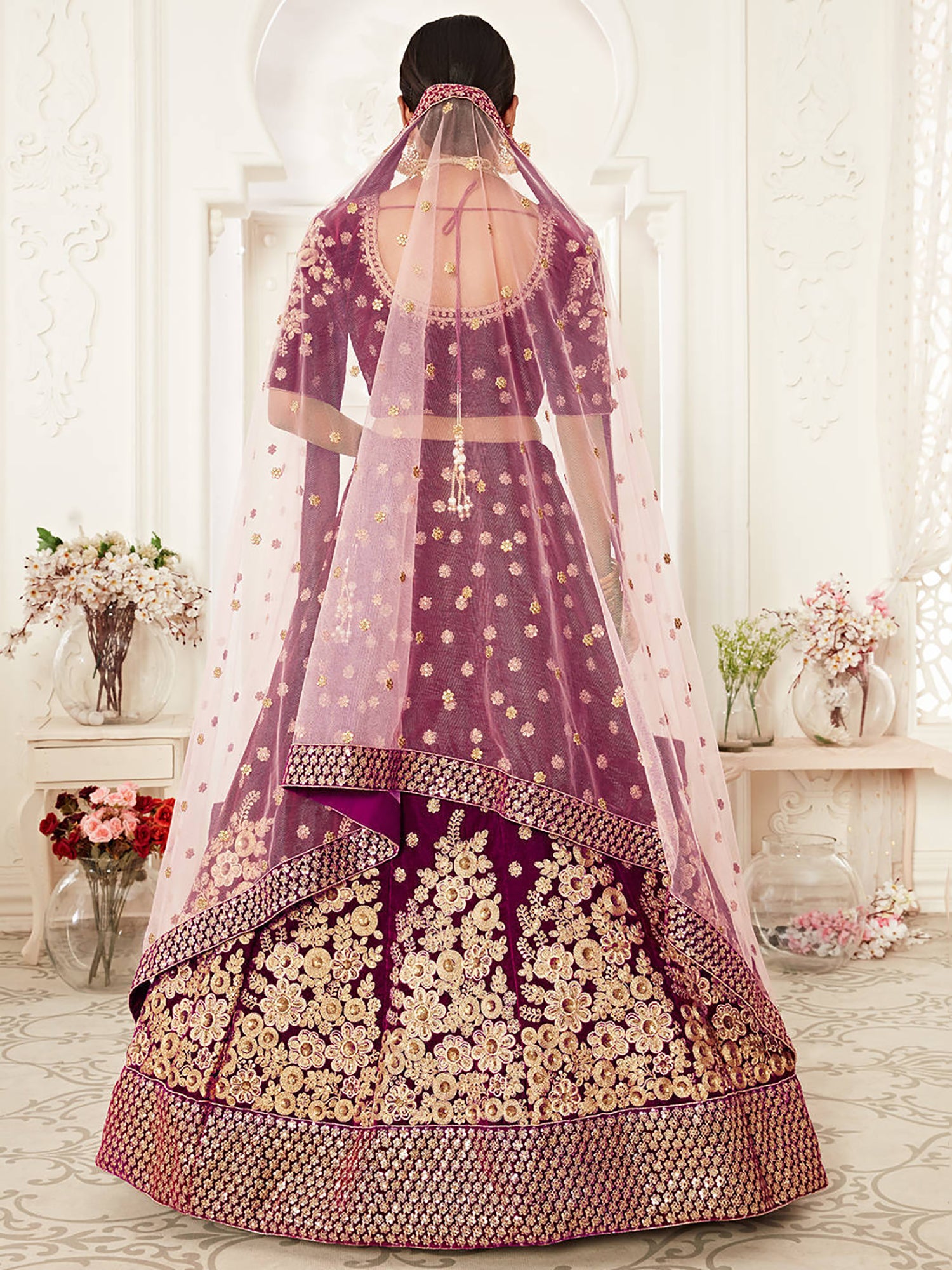 Stylish Purple Zari Embroidered Velvet Bridal Plus Size Lehenga Choli