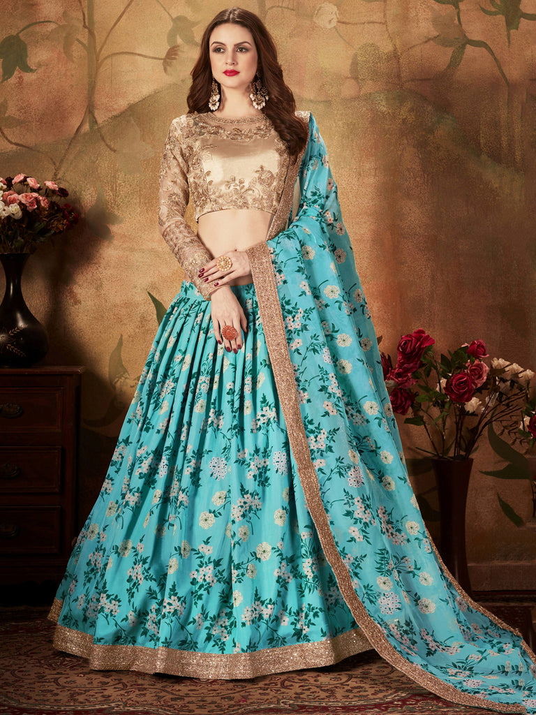 Precious Blue Printed Organza Wedding Wear Plus Size Lehenga Choli